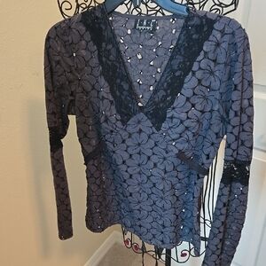 Inc Sz Petite Gray and Black Flowered and Lace L/S top